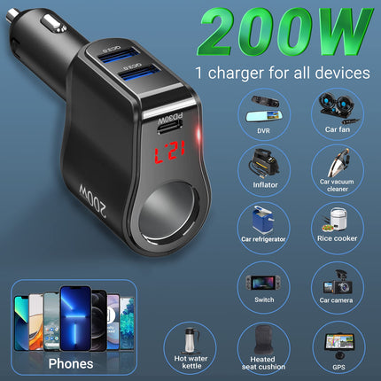 PD 30W autolaadija jaotur: 200W 12V USB C sigaretisüütaja adapteri jaotur 12-voldine alalisvoolu pistik, mitmekordne autopistikupesa voltmeetriga, kahekordne C-tüüpi pistik iPhone'i, Samsungi mobiiltelefoni GPS-i armatuurlauale