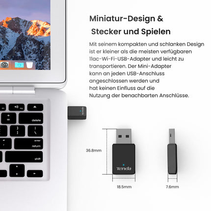 Tenda U9 WLAN Stick AC650 kahesageduslik WLAN USB-adapter (5 GHz: 433 Mbit/s + 2,4 GHz: 200 Mbit/s), LED, USB 2.0, toetab Windows XP/7/8/8.1/10/11