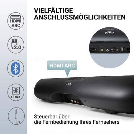 XORO stereo TV kõlar/soundbar HSB 70 Bluetoothiga, 60 W väljundvõimsusega, AV sisend, HDMI ARC, USB 2.0 meediapleier, sh seinakinnitus, IR-kaugjuhtimispult