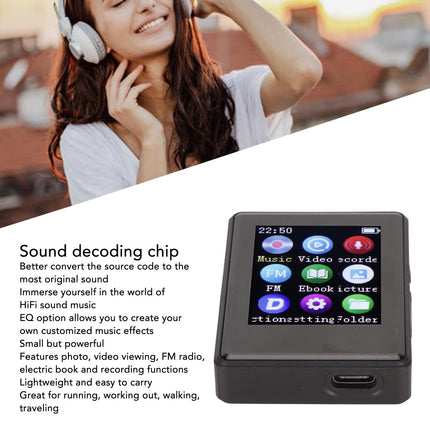 MP3-mängija Bluetooth 5.0-ga, MP4-mängija 1,77-tollise SPI HD-ekraani ja kõlariga, kaasaskantav HiFi MP3-muusikamängija kadudeta heli ja FM-raadioga, e-raamat