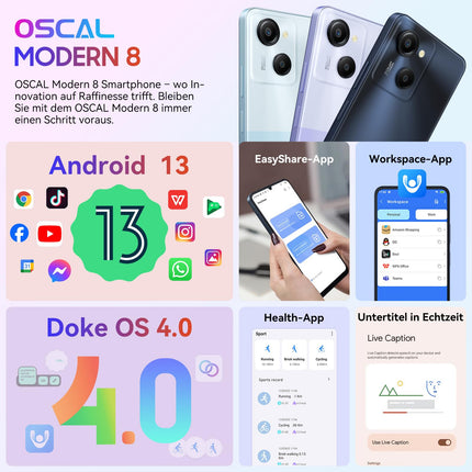 OSCAL Modern 8 Smartphone without contract 256GB+16GB/1TB, 6.75" HD+ 90Hz mobile phone, Octa-core Android phone 2Ghz, 50MP+8MP, 6000mAh/18W fast charging, Fingerprint/Face ID, Dual SIM/WiFi5G/BT5.0/OTG - Black