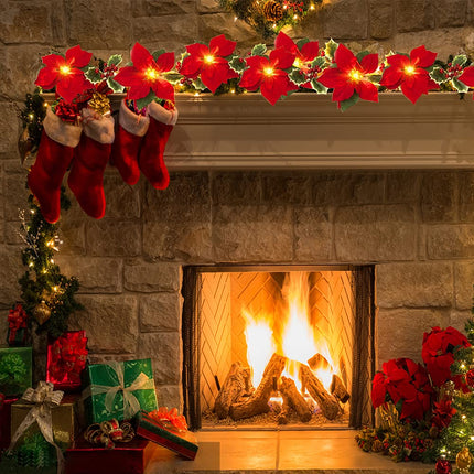Poinsettia Christmas Wreath, Artificial Christmas Wreaths, Christmas Decoration, with Battery-Operated LED Lights, Indoor and Outdoor, American Party Decoration (3m + 20 Lights)
