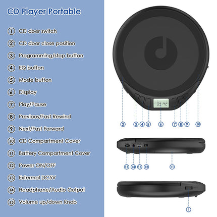 Gueray CD Player Portable CD Player Children Portable CD Player for Car Discman with Headphones LCD Display Support ASP PROG Memory Function Repeat Function Sound Effect