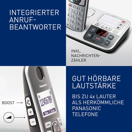 Panasonic KX-TGE522GS DECT senior telephone with emergency call (large button telephone with answering machine, cordless, telephone DUO) silver-black, max 1.5h - talk, 4.6cm display, 150 entries, max 330h standby,
