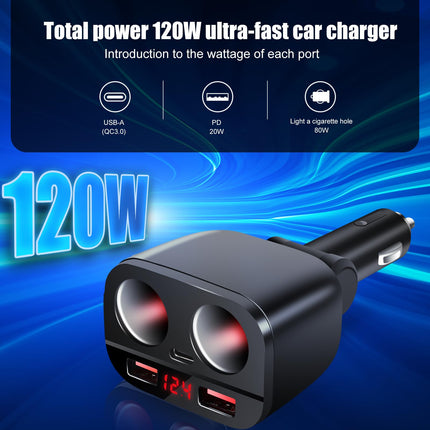 120W USB-C autolaadija sigaretisüütaja jaoturi adapter 2 pistikupesaga kiirlaadimine 12V/24V DC LED-voltmeetriga kahe USB + PD-pordiga mobiiltelefonile, tahvelarvutile, GPS-ile, videoregistraatorile