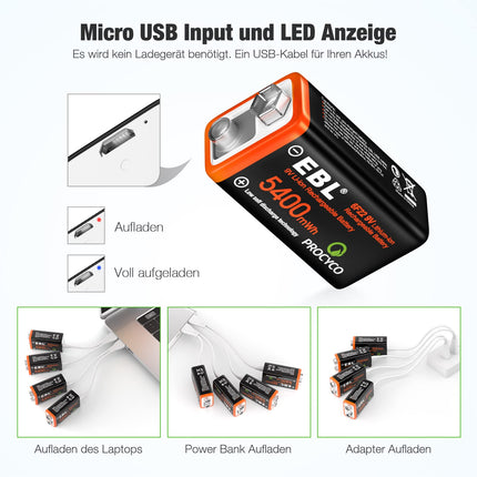 EBL 9V Rechargeable Batteries - USB Rechargeable Batteries 1.5V 5400 mWh, Micro Charging Cable - Fast Charge in 2 Hours (4-Pack)