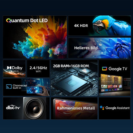 CHIQ TV 43-tolline (109 cm) 4K HDR10, QLED Google TV, 60Hz, Dolby Audio, nutiteler Google Assistantiga, Prime Video, Netflix, kahesageduslik WiFi, HDMI, USB, must raam, U43QM8G