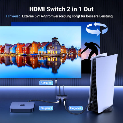 UGREEN HDMI-lüliti 8K@60Hz 4K@144/120/60Hz, alumiiniumist 2 sisse- ja 1 välja/1 sisse- ja 2 välja lüliti PS5/PS4/Xboxi/TV Boxi/Blu-ray mängija/DVD-mängija/projektori/monitori/sülearvuti jaoks