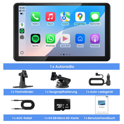 TOUTBIEN 9" Car Radio with Wireless CarPlay &amp; Android Auto, 4K Dashcam Loop Recording, MirrorLink, GPS Navigation, Voice Assistant, Bluetooth Hands-Free System, 64GB Card for Car Truck RV