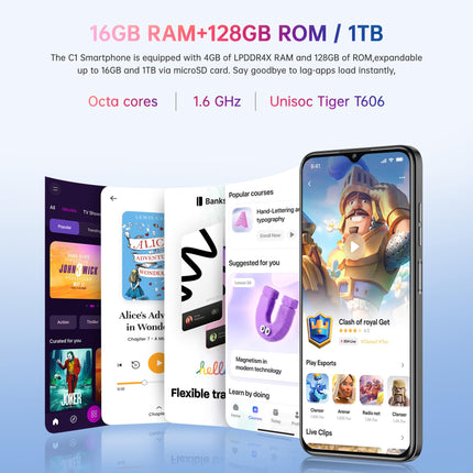 OUKITEL C1 Android 15 nutitelefon ilma lepinguta, 16 GB + 128 GB / 1 TB mobiiltelefon odav, 6,52" HD+ mobiiltelefon ilma lepinguta, 5150 mAh SIM-kaardita mobiiltelefonid, 13 MP + 5 MP, kahekordne 4G SIM-kaart, 3 pesa/sõrmejäljelugeja/OTG/3,5 mm pesa