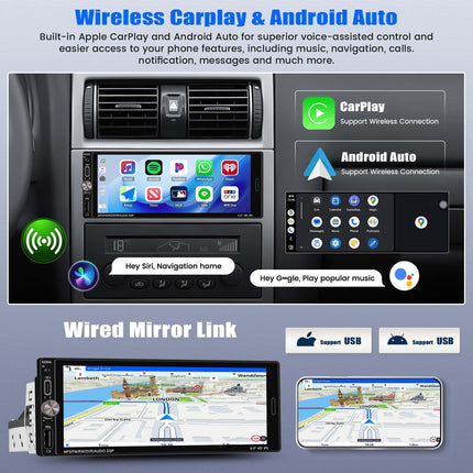 SIXTOP 1 DIN autoraadio juhtmega Carplayga, Android Auto autoraadio, Android 13 puutetundliku ekraaniga, 6,9-tollise ekraaniga, GPS/WiFi, Bluetooth, FM Mirror Link, EQ/USB/SWC+AHD tahavaatekaamera ja mikrofoniga