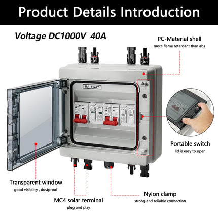 Ülepingekaitse PV, 2 sisse ja 2 välja alalisvoolu lahtiühendamise lüliti, välgukaitselüliti, 2 stringi 1000V DC 40A 20-40KA generaatori ühenduskarp, IP65 veekindel päikesepaneelide ühenduskarp fotogalvaanika jaoks