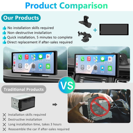 Carpuride V92 Portable Car Stereo Wireless Carplay &amp; Android Auto, 10.26 inch 1080P HD Touchscreen Radio with BT 5.0, Mirror Link Mount Truck RV Dashboard