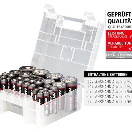 ANSMANN leelispatareide karp 1,5 V / Pikaealised leelispatareid / Sooduspakk vastupidavas hoiukarbis, mis sisaldab 14x Micro AAA 12x Mignon AA 4x Baby C 4x Mono D 1x E-Block 9V / 35 tükki