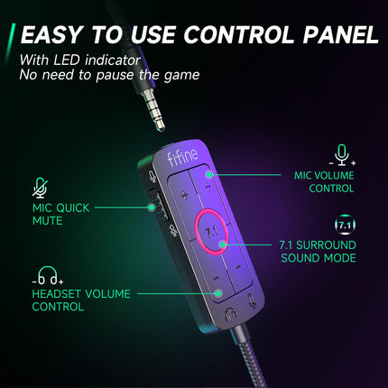 FIFINE mängukõrvaklapid mikrofoniga, kõrvaklapid kaabliga, USB-kõrvaklapid arvutile, PS4, PS5, Xbox Switch, RGB-kõrvaklapid 7.1 ruumilise heli ja kõrvapatjadega