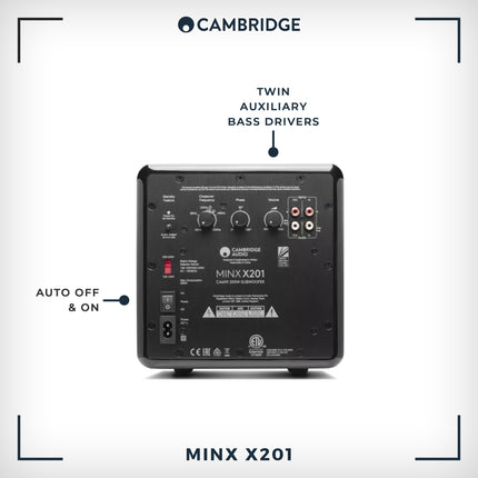 Cambridge Audio Minx X201-200-vatine aktiivsubwoofer kahe lisabasskõlari ja täielikult reguleeritava heliga - must