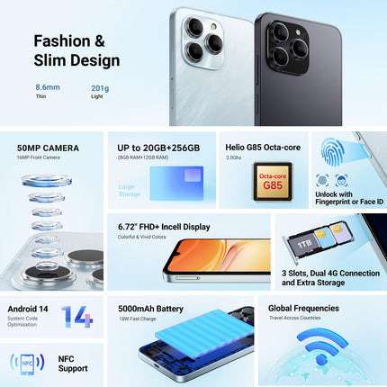 FOSSiBOT S2 nutitelefon 2025 - lepinguta mobiiltelefon, 6,72-tolline FHD+ ekraan, 20 GB muutmälu, 256 GB salvestusruumi/1 TB, 50MP+16MP kaamerad, 5000mAh aku, Android 14, 4G kahekordne SIM-kaart, Face ID, NFC, GPS, OTG