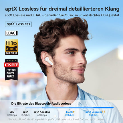 EarFun Air Pro 4 Bluetooth-kõrvaklapid adaptiivse hübriidmüra summutusega, aptX Lossless tehnoloogia, kõrglahutusega heli, LDAC, 6 mikrofoni, cVc 8.0 tehisintellektiga kõned, 52-tunnine aku tööiga, Multipoint, Bluetooth 5.4 ja kõrvasisese tuvastus.