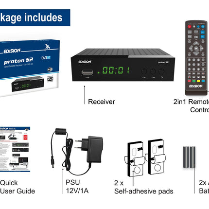 EDISION PROTON S2 Full HD satelliitvastuvõtja FTA (ühildub DVB-S2 | ARD ja ZDF SD väljalülitusega), Unicable'iga ühilduv, 2-in-1 kaugjuhtimispult, HDTV, HDMI, SCART, S/PDIF, eelinstallitud Saksa kanalite nimekiri