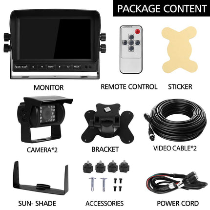 Dual Rear View Camera Kit with 7" TFT LCD Car Monitor &amp; Two 170° Wide-Angle Rear View Cameras, IP68 Waterproof, 18 IR Night Vision, for Truck/Trailer/Bus/Van/Agriculture (12-24 Volt)