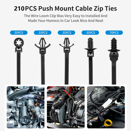 Armpow Pressure-Fixed Cable Ties, Assorted Sizes, Heavy-Duty Self-Locking and UV-Resistant Cable Ties for Indoor, Construction, and Automotive Applications, Black, 210-Piece