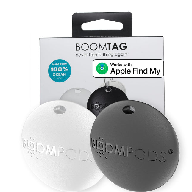 Boompods Boomtag võtmeotsija 2-pakk - nutikas siltide rahakotiotsija, mini GPS-jälgija Bluetooth-iga, ühildub Apple Find My rakendusega, võtmete ja esemete leidja võtmetele, kohvritele, lastele ja koertele