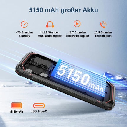 DOOGEE Blade 10 õuenutitelefon Android 15, 20GB+128GB/TF 2TB, 6.56-tolline HD+90Hz, 16MP+8MP kaamera, 5150mAh õuetelefon ilma lepinguta, 10.7 mm üliõhuke, kahekordne 4G SIM-kaart/Face ID/GPS/IP68/I69K/NFC