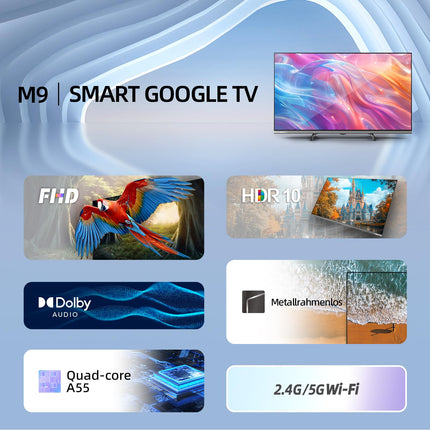 CHIQ L32FM9E 32-tolline (80 cm) FHD nutiteler, HDR10 ja HLG, Google TV, Dolby Audio, DBX-TV, Google Assistant, kolmekordne tuuner DVB-C/T/T2/S/S2, Chromecast integreeritud, metallraamita, must