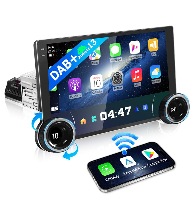 URVOLAX autoraadio ekraaniga Android 13, 10,1-tolline 1 DIN DAB+ Android Auto raadio Apple Carplay ekraan puutetundliku ekraaniga navigatsiooniga Bluetooth 5.4, juhtmevaba automäng nuppudega Mirrorlink FM RDS SWC EQ