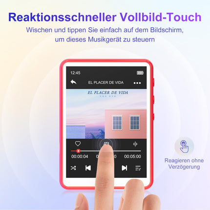 MECHEN Bluetooth 5.3 MP3-mängija puutetundliku ekraaniga, 64 GB MP3-mängija kõlariga, HiFi-heli, FM-raadio, muusika, video, e-raamatud, diktofon, kaitseümbris (punane)