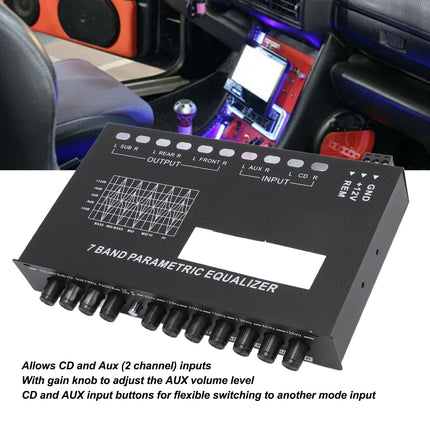 7-Band Car Audio Graphic Equalizer, Car Equalizer, Variable Gain Adjustment, CD AUX Input, Input EQ Selection for Stereo System Equalizer, Car Audio