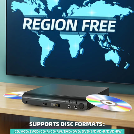 HDMI DVD-mängija telerile, kõikide piirkondade tasuta DVD-mängija karaokeportide ja USB-sisendiga, PAL/NTSC-ühilduvus, kodune CD-mängija HDMI- ja RCA/AV-kaablitega