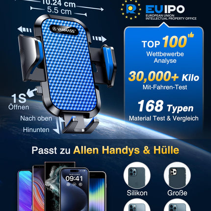 VANMASS Car Phone Holder Upgrade Patent Car Phone Holder Car Ventilation Silicone Protection 100% Stable Car Phone Holder with Hook 360° Rotatable Car Smartphone Holder for iPhone Samsung Huawei, Blue