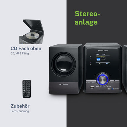 Muse stereo system, compact system with CD player &amp; DAB radio, mini stereo system with 2 speakers, music system with FM/DAB/DAB+ digital radio, Bluetooth &amp; AUX, MP3 &amp; Spotify, compact music system