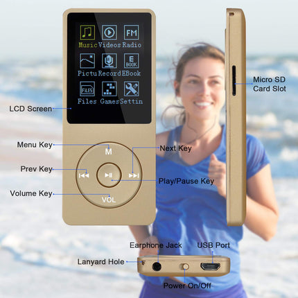COVVY 8GB Portable MP3 Music Player, Supports up to 64GB SD Card, Lossless Sound HiFi MP3 Player, Music/Video/Voice Recording/FM Radio/E-Book Reader/Photo Viewer (8G, Gold)