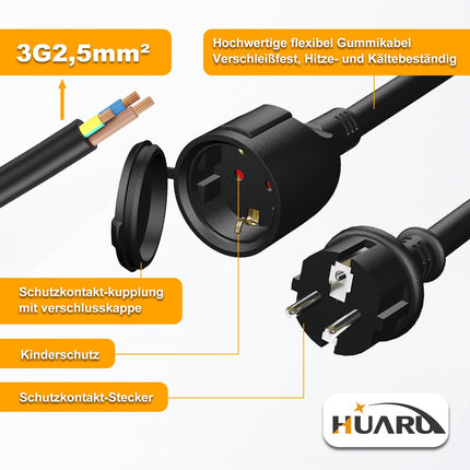 HUARUI välistingimustes kasutatav pikenduskaabel 3m kaitsekorgiga H07RN-F 3G 2.5 mm², kummist toitekaabli pikendus Schuko pistikuga välistingimustes kasutamiseks IP44, välistingimustes kasutatav elektrikaabel, 3500W, 16A 250V, must