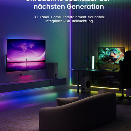MEREDO heliriba teleritele, subwooferiga, 3.1 kanaliga arvutimängude heliriba, RGB heli sünkroniseerimisvalgus, BT 5.3/HD-ARC/optiline/AUX/USB teleri kõlarid laua-/sülearvuti mängukonsoolidele, kodukino