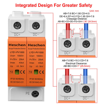 Hescheni ülepingekaitseseade PV-le, LYD1-PV1000, 2P 1000VDC 20KA, 35mm DIN-rööpale kinnitatav (1)
