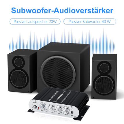 HiFi helivõimendi, 2.1-kanaliline stereovõimendi, RMS 20Wx2+40W ST-838 subwooferi väljundiga, D-klassi mini-digitaalne võimsusvõimendi, vastuvõtja AUX-sisendiga koduseks kasutamiseks, autokõlarid, must (sisaldab toiteadapterit)