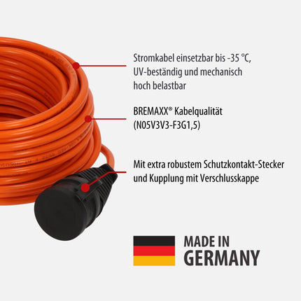 Brennenstuhl BREMAXX pikenduskaabel (20 m oranž kaabel, lühiajaliseks välistingimustes kasutamiseks IP44, toitekaabel, kasutatav temperatuuril kuni -35 °C ja UV-kindel, valmistatud Saksamaal)