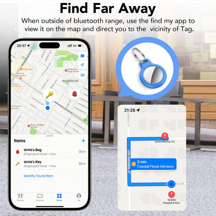 QCOQ õhujälgimissildid – 4 tk sinist, Bluetooth-jälgimissildid töötavad Apple Find My rakendusega (ainult iOS), nutikas silt kaitseümbrise/võtmehoidjaga, esemete leidja pagasi/võtmete/kohvri/seljakoti jaoks