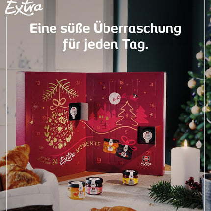 Schwartau advendikalender 2024, jõulukalender kingituseks minimoosi, mooside, tarretise ja meega, 24 puuviljamääret ja meeportsjonipurki, degusteerimiskomplekt jõuludeks, advendiks ja pühadeks