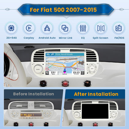 Inefala 2+64 GB Android autoraadio FIAT 500 2007-2015 jaoks, 7-tolline puutetundlik ekraan, CarPlay, 2 DIN autoraadio koos Android Auto, Bluetoothi, Mirror Linki, WiFi, GPS-i, RDS FM-i, AHD tahavaatekaameraga (valge)