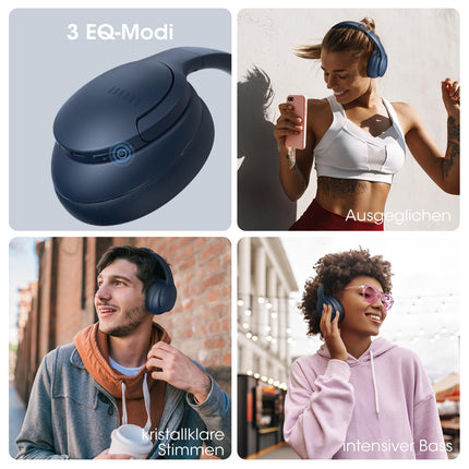 DOQAUS Kopfhörer Kabellos Bluetooth Bis zu 90 Std,Bluetooth Kopfhörer Over-Ear mit 3 EQ-Modi, HiFi Stereo, Eingebautes Mikrofon, Faltbares Wireless Headphones für Handys/iPad/Laptops/PC-Marineblau