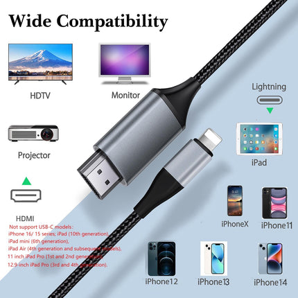 Lightning HDMI Cable for iPhone 14/13/12, 1080P HD Adapter, 2 m, for TV Streaming, YouTube-enabled (Not iPhone 16/15 or Netflix)