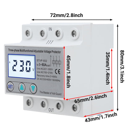 Ülepingekaitse 230V/400V AC reguleeritav pingekaitse STVP-932 3-faasiline LCD multifunktsionaalne iselähtestuv pingekaitse (63A)