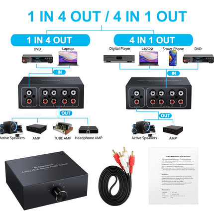 4-Way Bidirectional L/R RCA Stereo Audio Switcher, 1 in 4 Out or 4 in 1 Out, L/R Sound Channel Audio Splitter Audio Selector Switch Box for DVD Stereo Speaker CD Player