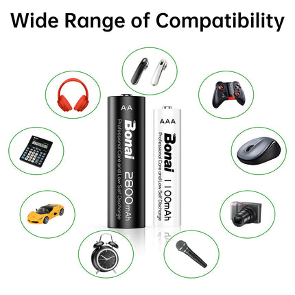BONAI AA AAA 2800/1100mAh 24 tk laetavaid akuid, suure mahutavusega 1,2 V AA/AAA aku, NI-MH laetavad akud, HR6/HR03 laetav aku, madal isetühjenemine
