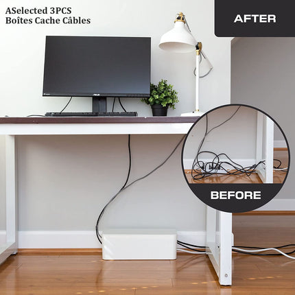 ASelected Set of 3 Cable Boxes Large, Medium and Small Cables White Hide Box for Cables, Cable Organizer Box White Cable Hide Box with 3 x 1m Cable Ties and 20 x 3M Double-Sided Stickers