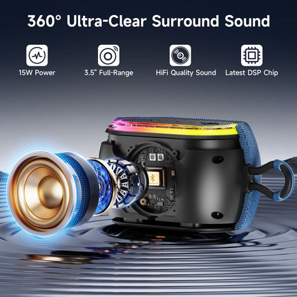 Tisco Portable Bluetooth Speaker with RGB Light - Bluetooth 5.3 Music Box 15 W Speaker, IPX7 Waterproof, 24h Playtime, AUX/TF Card/USB/TWS Pairing - For Outdoor, Party &amp; Travel (Blue)